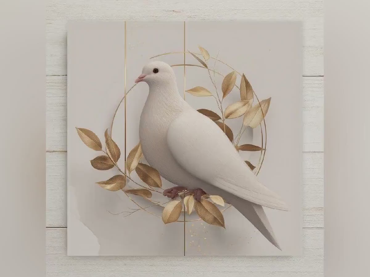 White Dove Wall Art Ceramic Tile Spiritual Gift Peace Decor Minimalist Gold Leaf Art Faith Nature