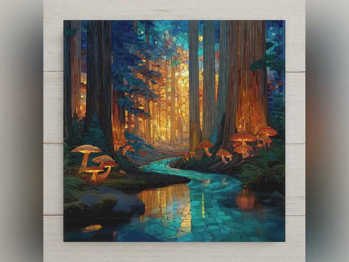Redwood Forest Wall Art Ceramic Tile Nature Gift Stained Glass Style Decor Enchanted Forest Art Hiker Gift Tile