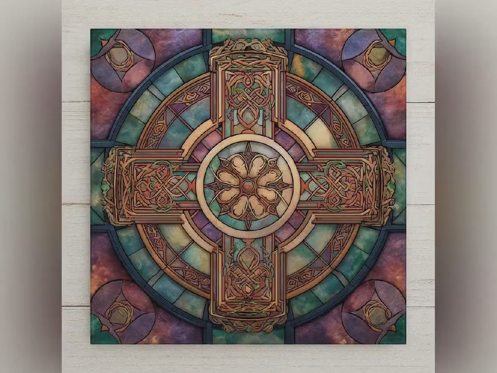 Celtic Cross Ceramic Tile Wall Art – Stained Glass Style Irish Knot Design, Spiritual Wall Decor, Medieval Christian Home Decor