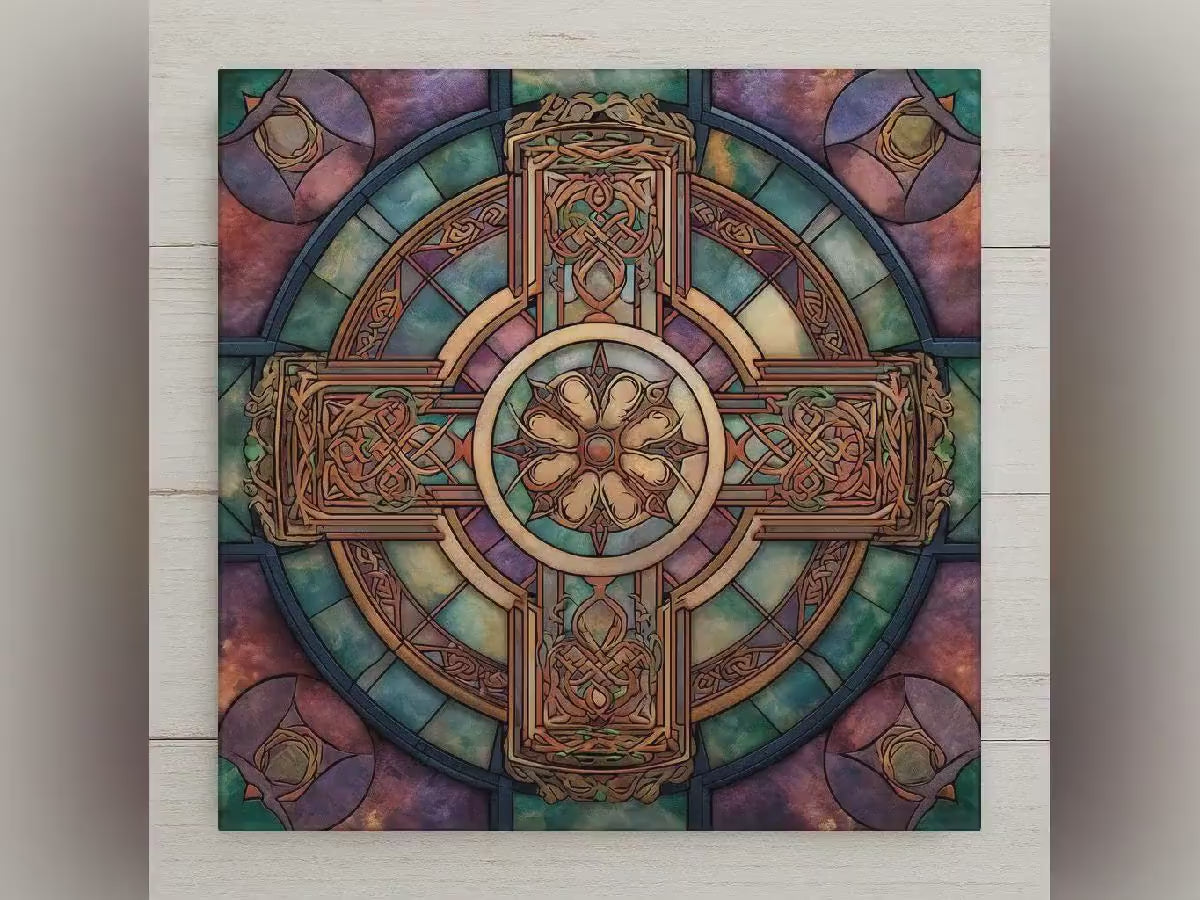 Celtic Cross Ceramic Tile Wall Art – Stained Glass Style Irish Knot Design, Spiritual Wall Decor, Medieval Christian Home Decor