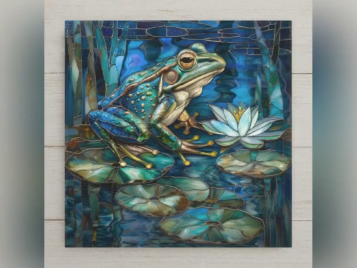Blue Green Frog Stained Glass Style Ceramic Art Tile: Nature Wall Decor Art Lover Gift Home Decor Wall Art