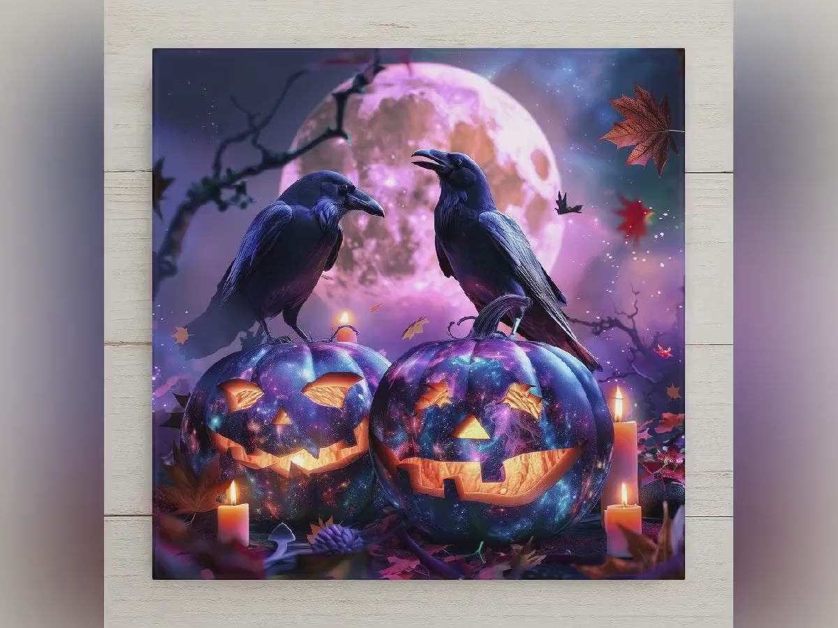 Raven Ceramic Tile Wall Art Gothic Celestial Witchy Decor Mystical Black Bird Moon Phase Dark Home Decor