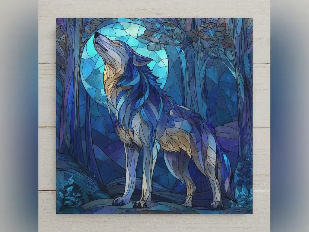 Howling Wolf Ceramic Tile Wall Art - Stained Glass Style Forest Moon Scene, Rustic Cabin Wildlife Nature Decor Gift