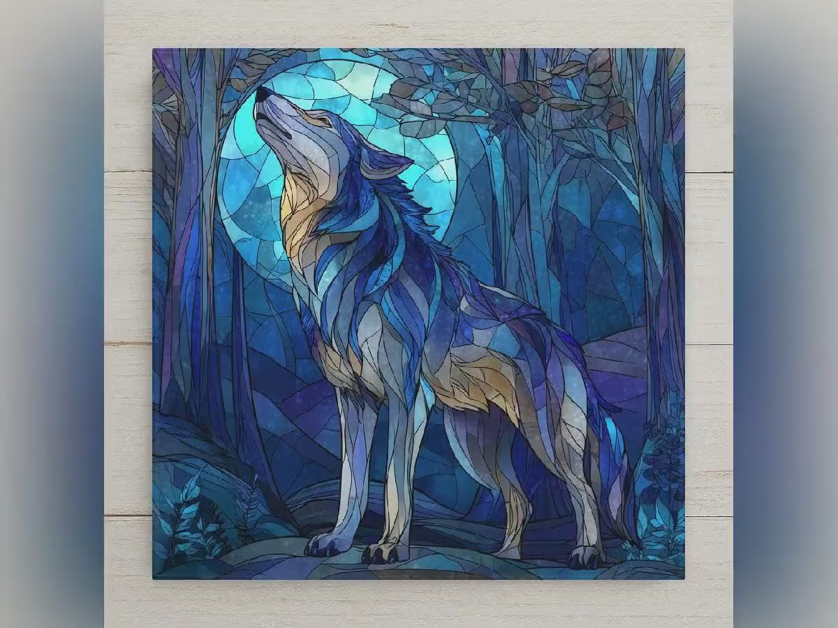 Howling Wolf Ceramic Tile Wall Art - Stained Glass Style Forest Moon Scene, Rustic Cabin Wildlife Nature Decor Gift