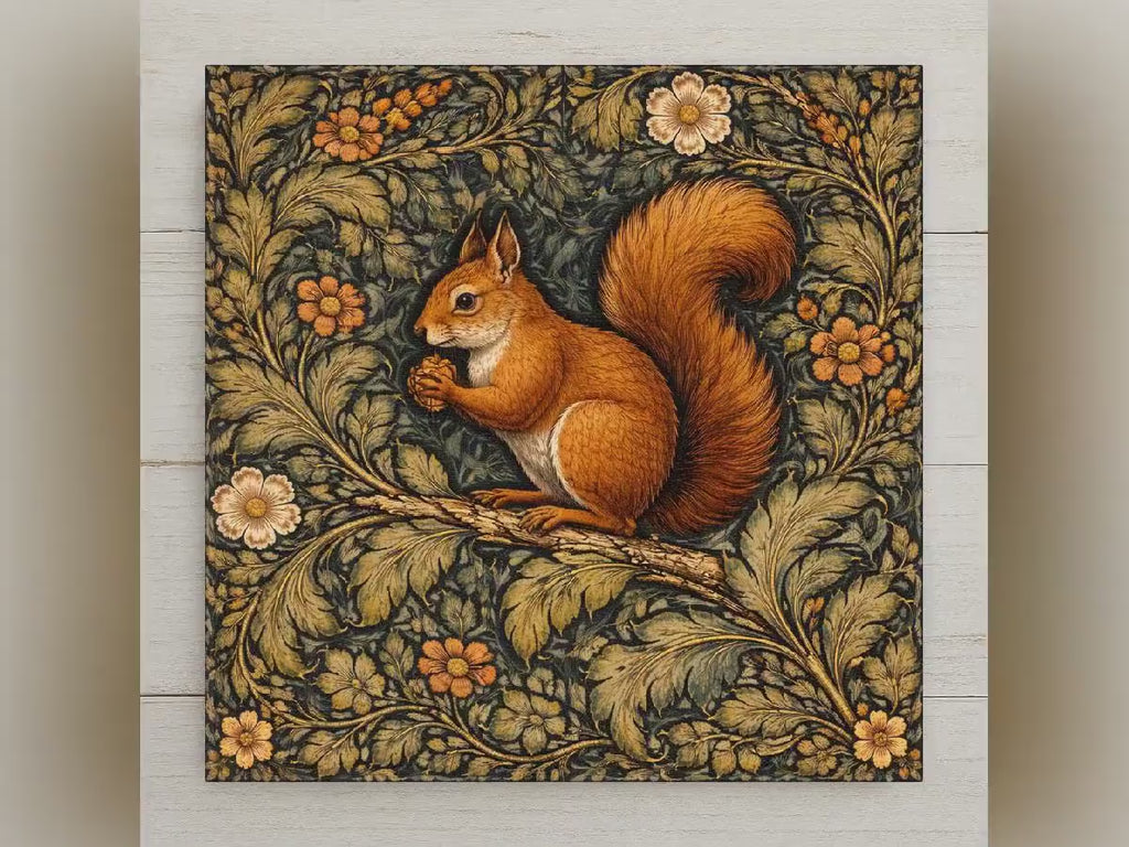 Squirrel William Morris Style Ceramic Art Tile – Woodland Forest Tapestry Wall Decor, Cottagecore Cabin Accent
