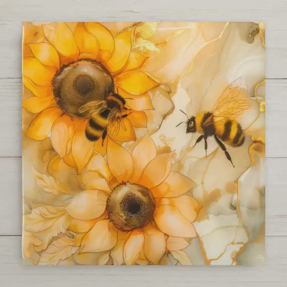 Sunflower Bee Wall Art Ceramic Tile Kitchen Wall Decor Yellow Floral Tile Farmhouse Kitchen Decor Honey Bee Gift Rustic Home Decor