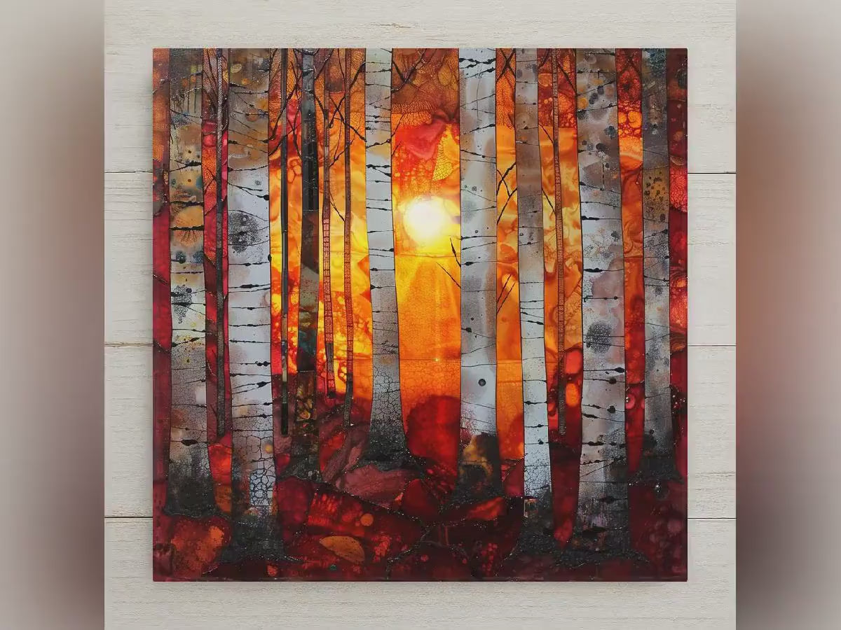 Birch Forest Ceramic Art Tile – Dramatic Sunset Woodland Wall Decor, Rustic Cabin Nature Lover Gift