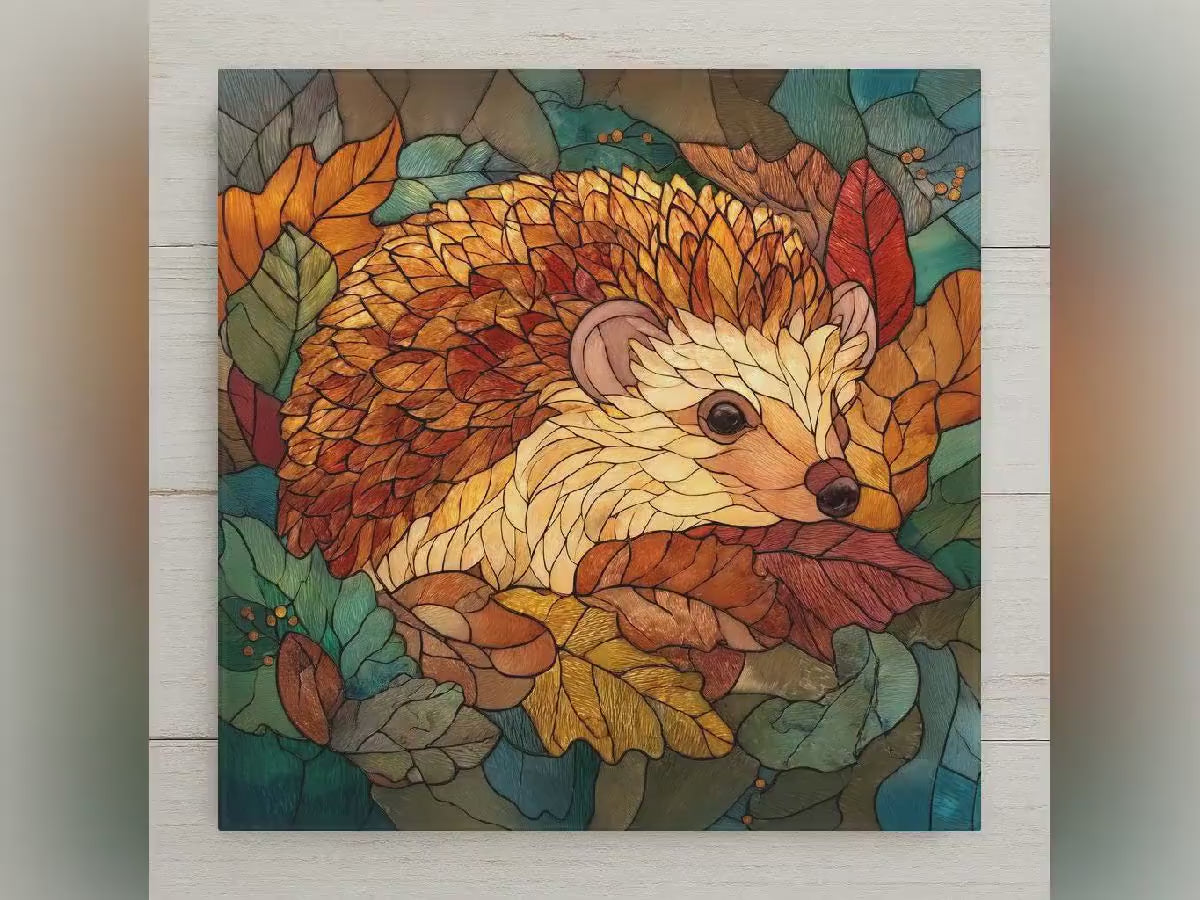 Hedgehog Wall Art Ceramic Tile Stained Glass Style Woodland Gift Forest Animal Decor Hedgehog Lover