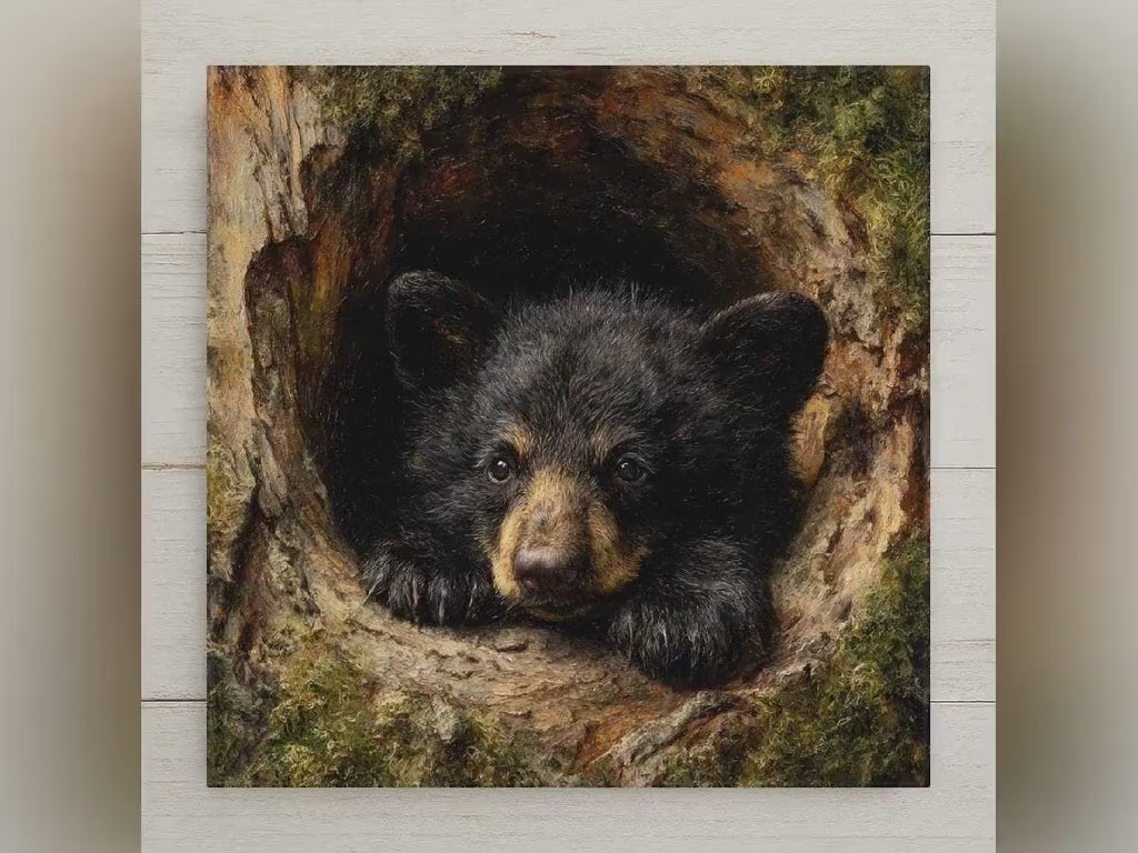 Black Bear Cub Ceramic Tile Wall Art - Woodland Wildlife Nature Rustic Cabin Home Decor Display Decorative Tile