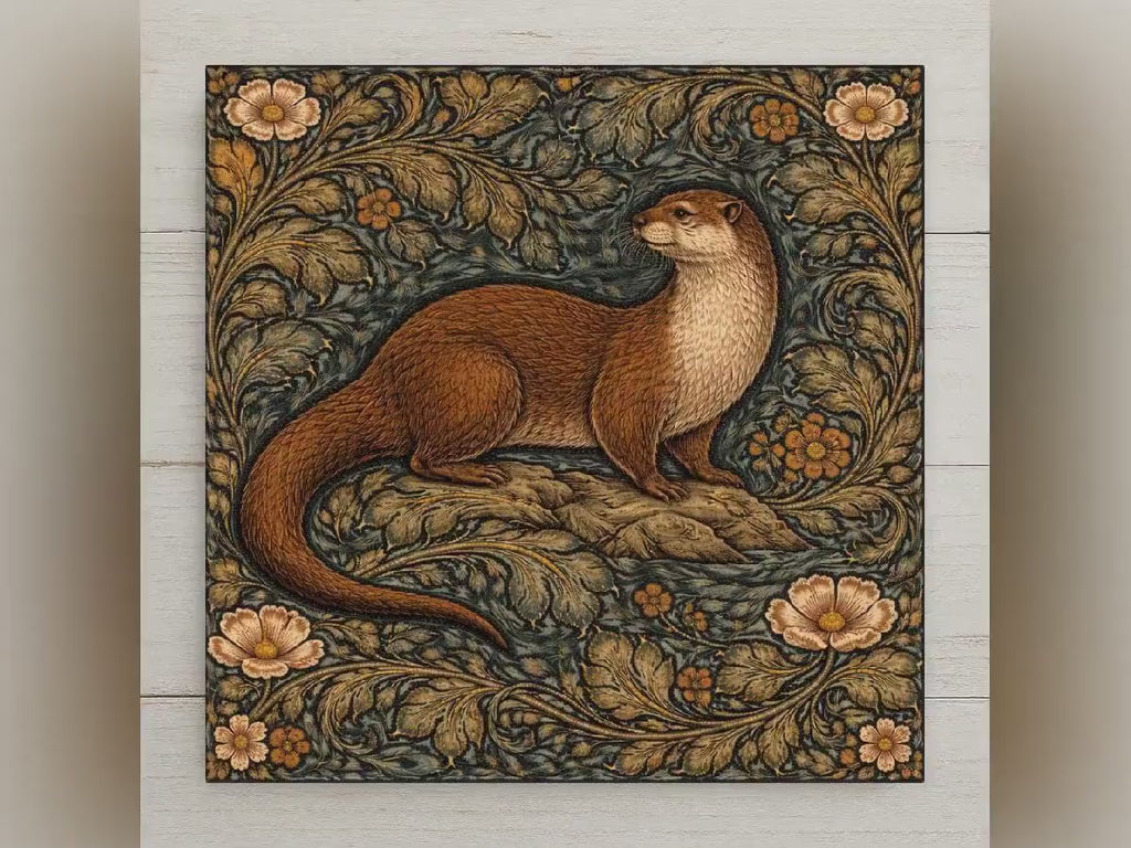 Otter Ceramic Tile Wall Art William Morris Style Woodland Animal Decor, Rustic Cabin Wall Art, Otter Lover Gift