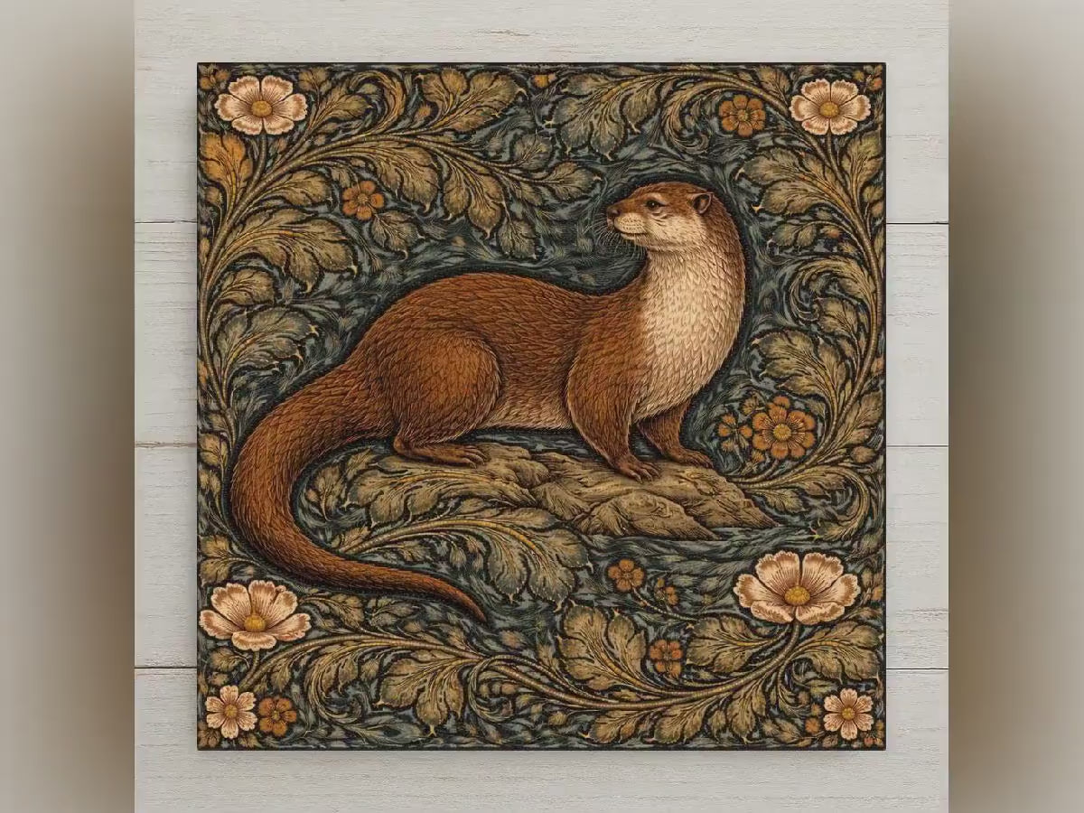 Otter Ceramic Tile Wall Art William Morris Style Woodland Animal Decor, Rustic Cabin Wall Art, Otter Lover Gift