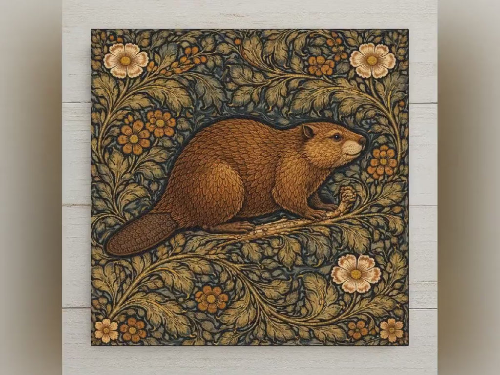 Beaver Ceramic Tile Wall Art William Morris Style Woodland Animal Arts and Crafts Rustic Cabin Decor