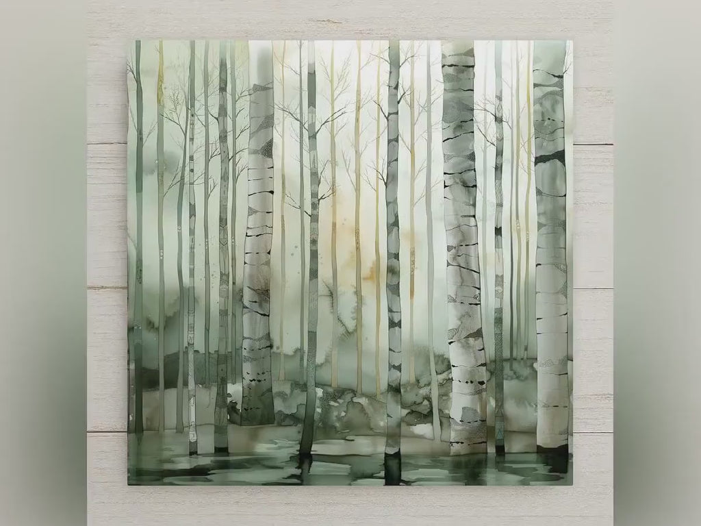 Birch Forest Ceramic Art Tile – Misty Scandinavian Woodland Wall Decor, Neutral Nature Lover Gift