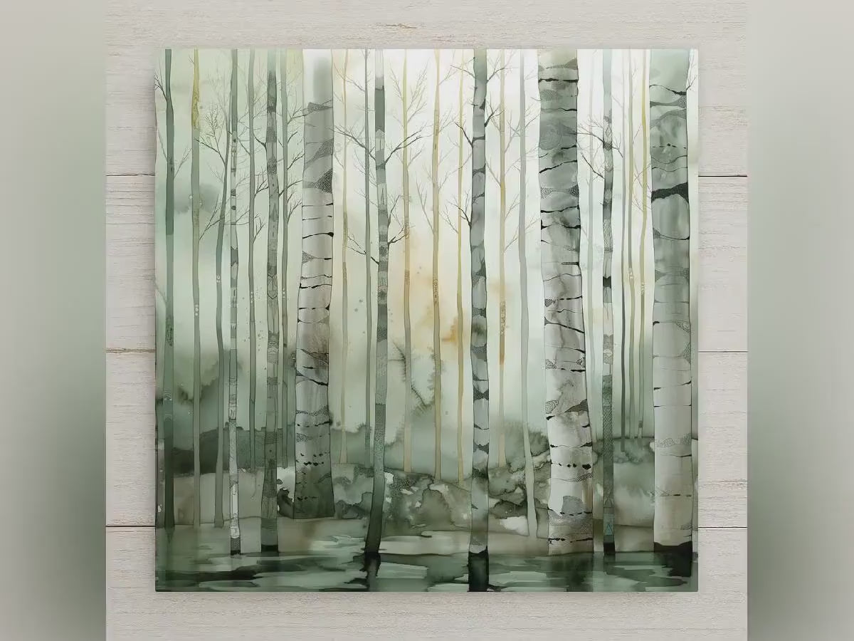 Birch Forest Ceramic Art Tile – Misty Scandinavian Woodland Wall Decor, Neutral Nature Lover Gift