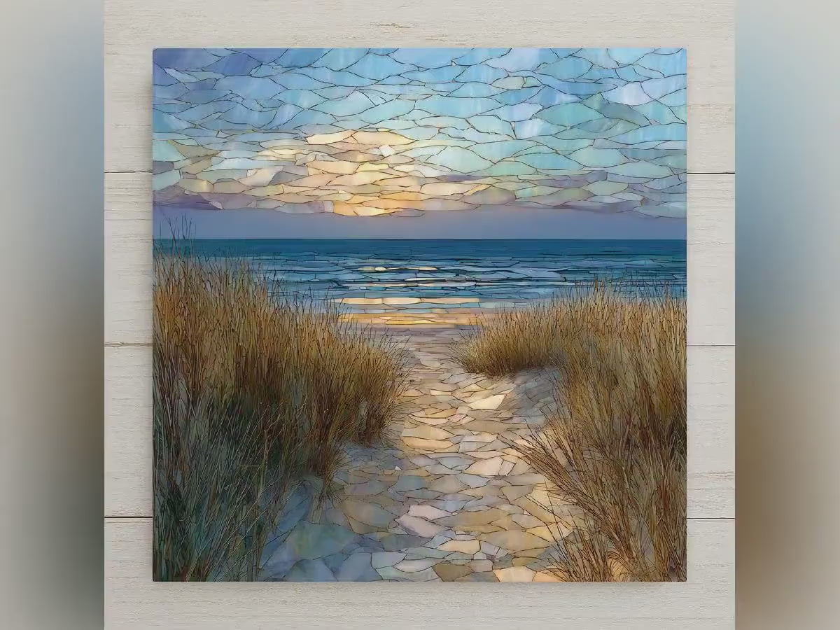 Cape Cod Beach Path Wall Art Ceramic Tile Stained Glass Style Sunset Gift Ocean Decor Coastal Nature