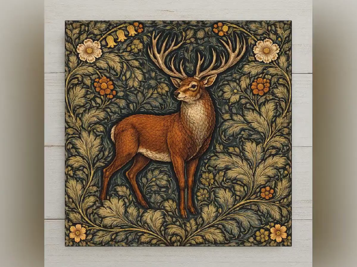 Stag Wall Art Ceramic Tile – Deer Decor – William Morris Style Woodland Wall Decor – Cabin Lodge Home Decor Gift