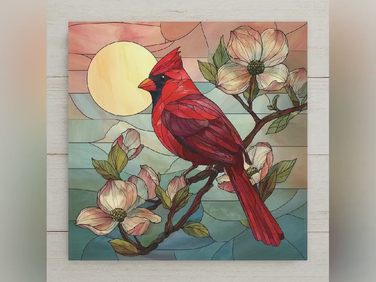 Cardinal Stained Glass Style Ceramic Art Tile – Dogwood Memorial Wall Decor, Sympathy Remembrance Gift