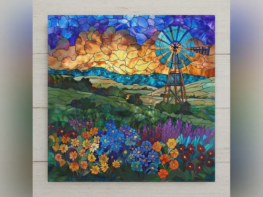 Hill Country Windmill Wall Art Ceramic Tile Texas Gift Stained Glass Style Decor Ranch Landscape Art Country Gift Tile
