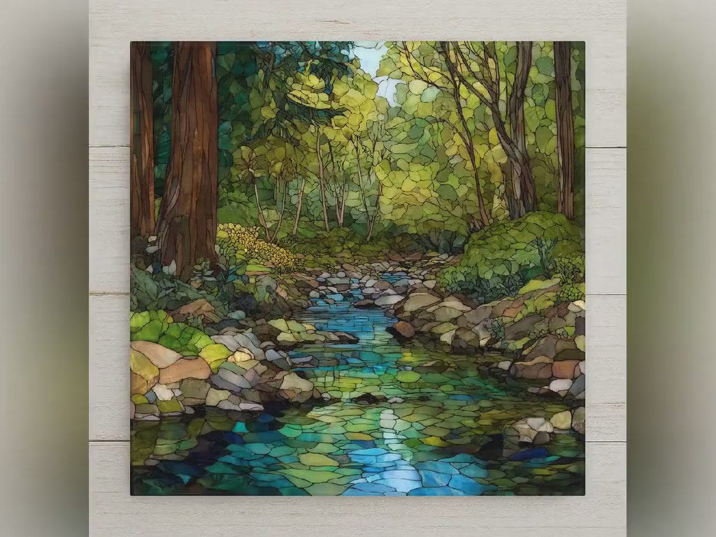 Forest Creek Ceramic Tile Wall Art - Stained Glass Style Woodland Stream Nature Home Decor Gift