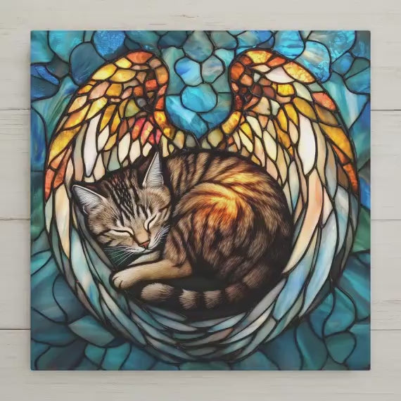 Cat Memorial Ceramic Art Tile – Pet Loss Sympathy Wall Decor, Angel Wings Cat Lover Remembrance Gift