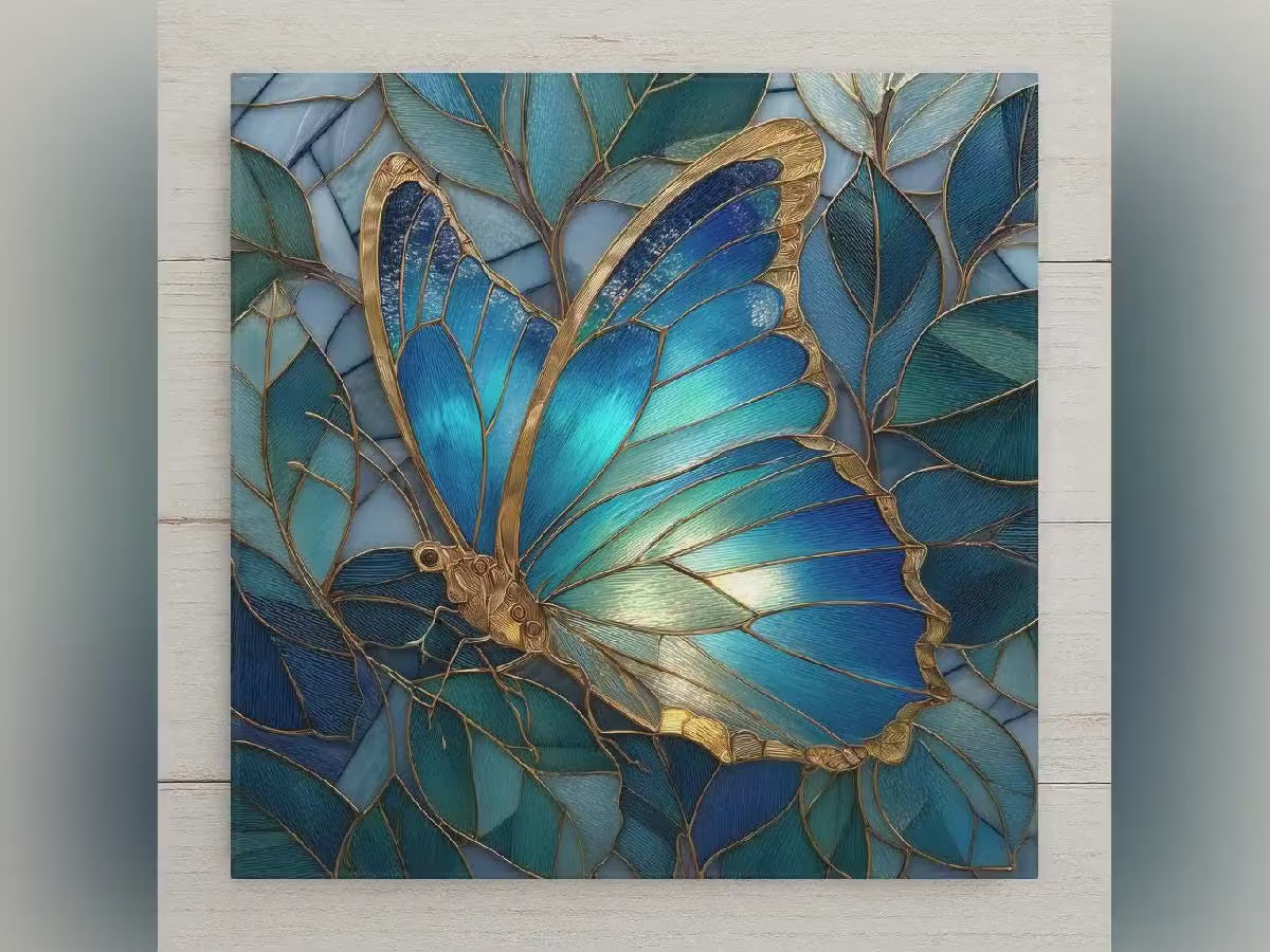 Blue Butterfly Ceramic Tile Wall Art – Stained Glass Nature Design, Elegant Home Decor, Botanical Wall Decor Gift for Butterfly Lovers